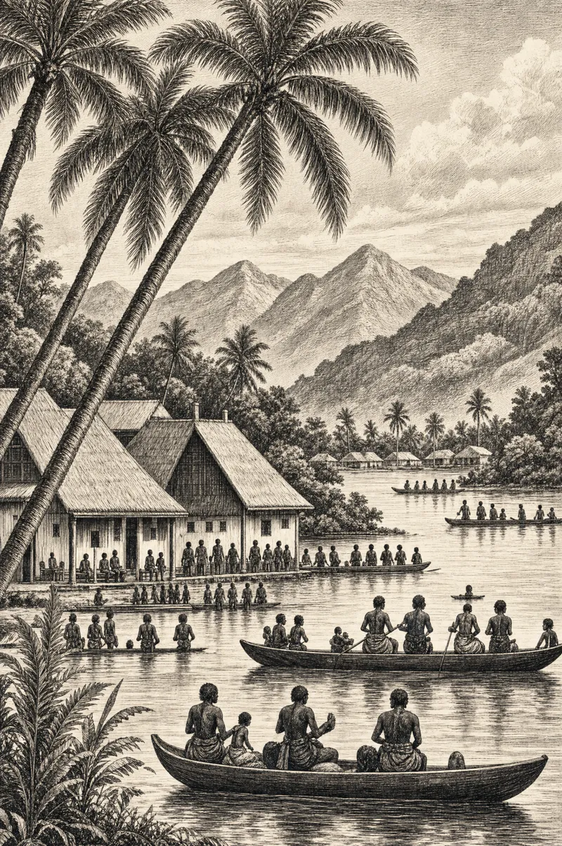 Village au bord de l'estuaire du Gabon, pirogues sur l'eau