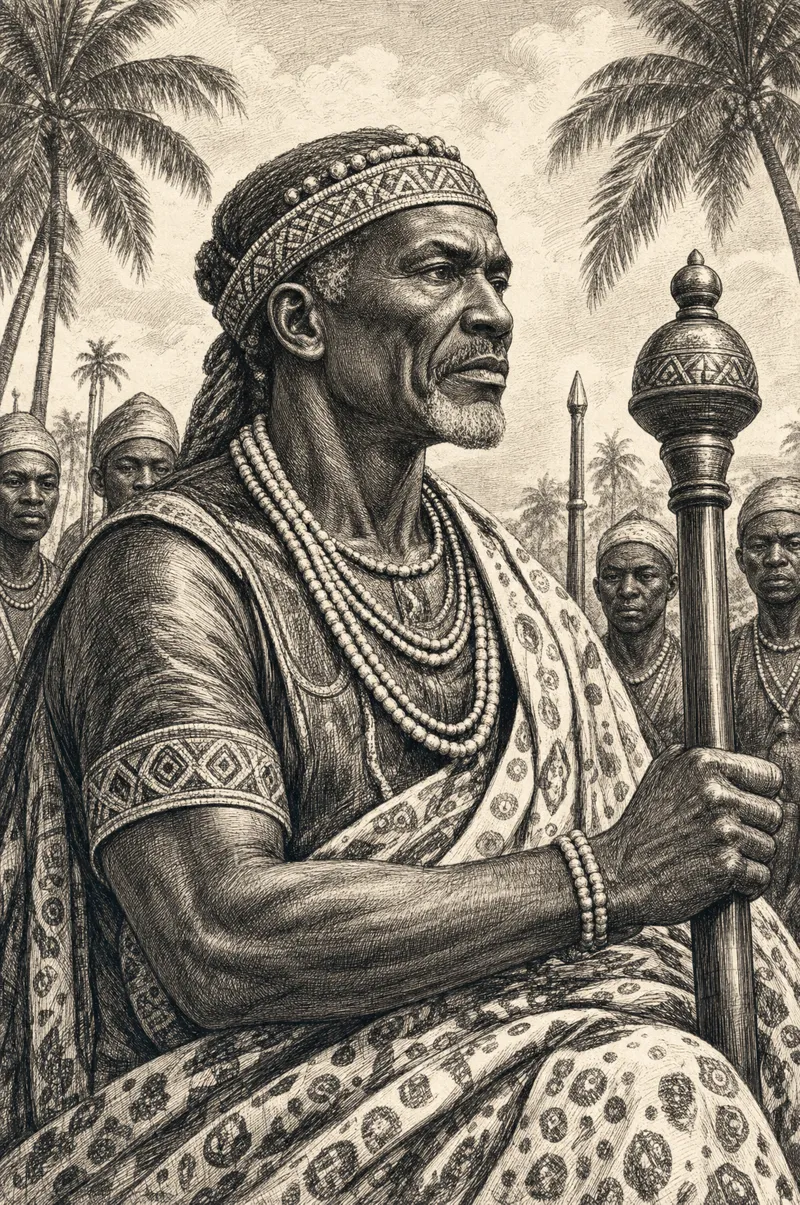 Ongouwu Ré-Mboko tenant le sceptre, entouré du clan