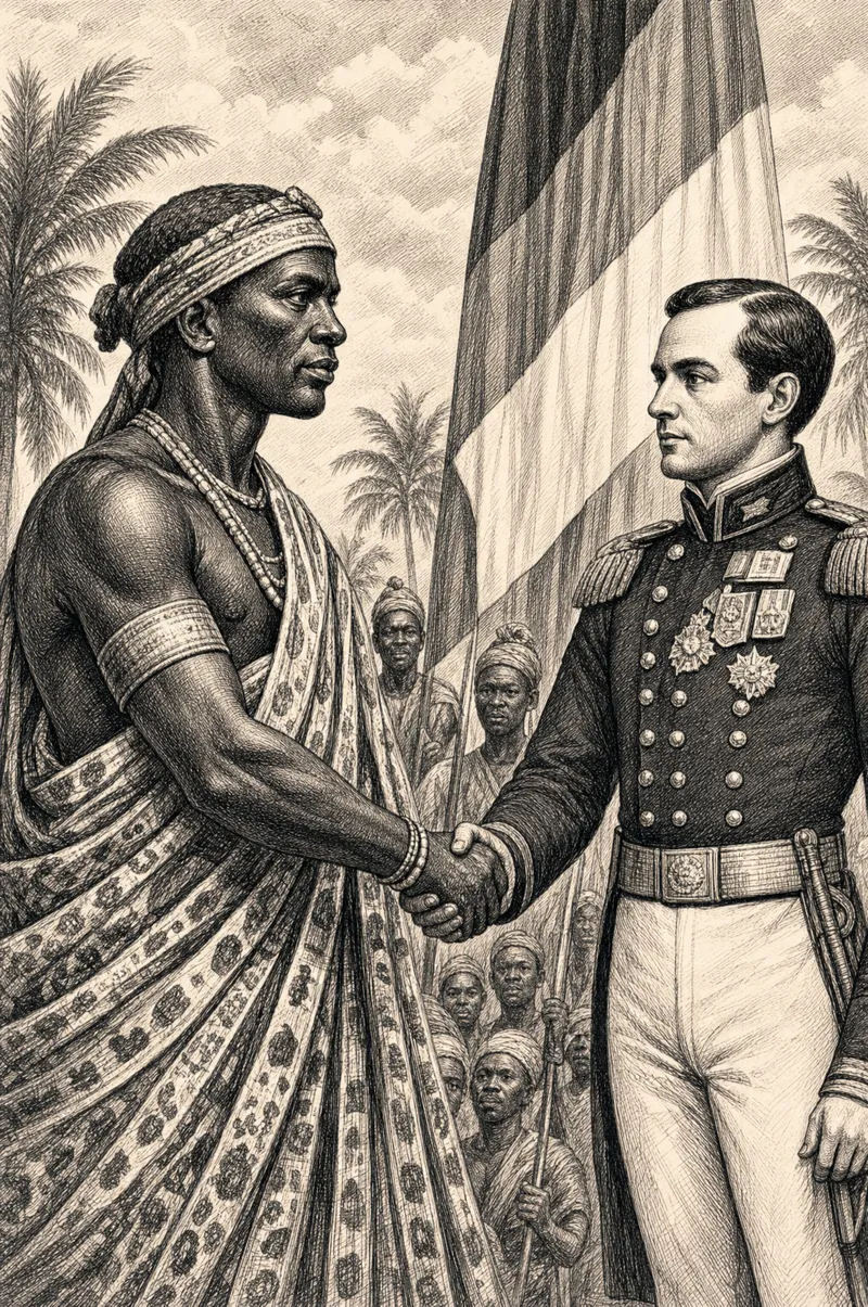 Poignée de main entre le Roi Denis et un officier français devant le drapeau