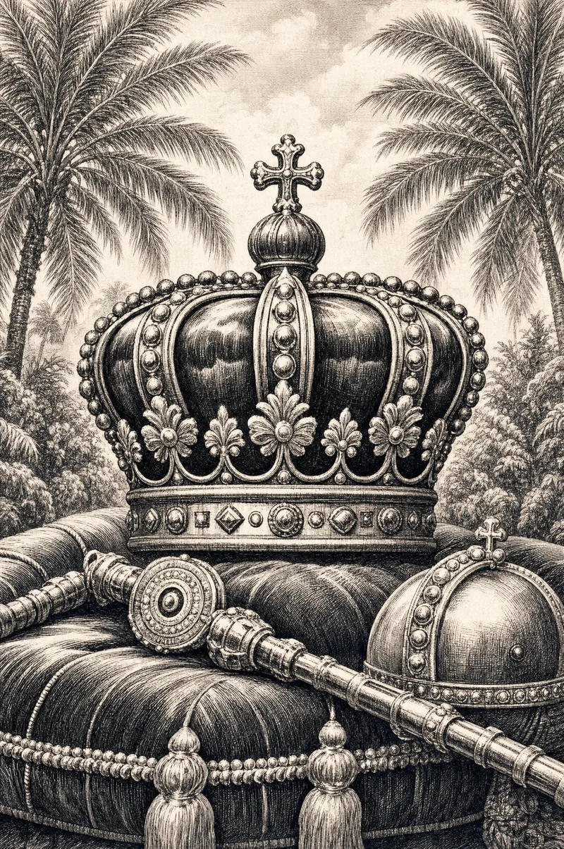 Couronne, sceptre et orbe posés sur un coussin