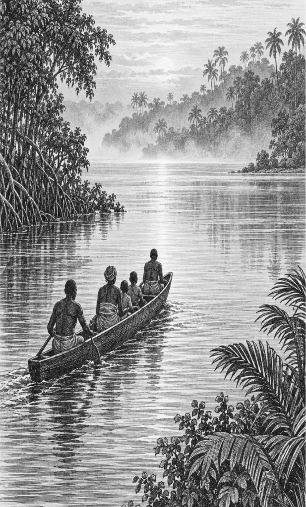 Gravure d'une famille en pirogue sur un fleuve tropical au lever du jour