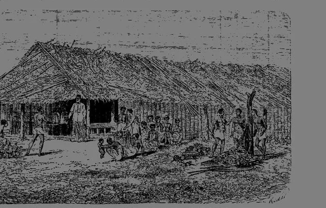 Gravure : le temple Bwiti du roi Denis, grande case à toit de feuilles, entourée de personnages