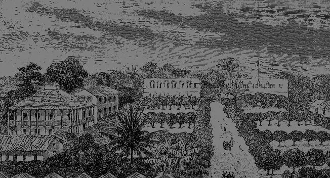 Gravure panoramique du comptoir français du Gabon en 1865