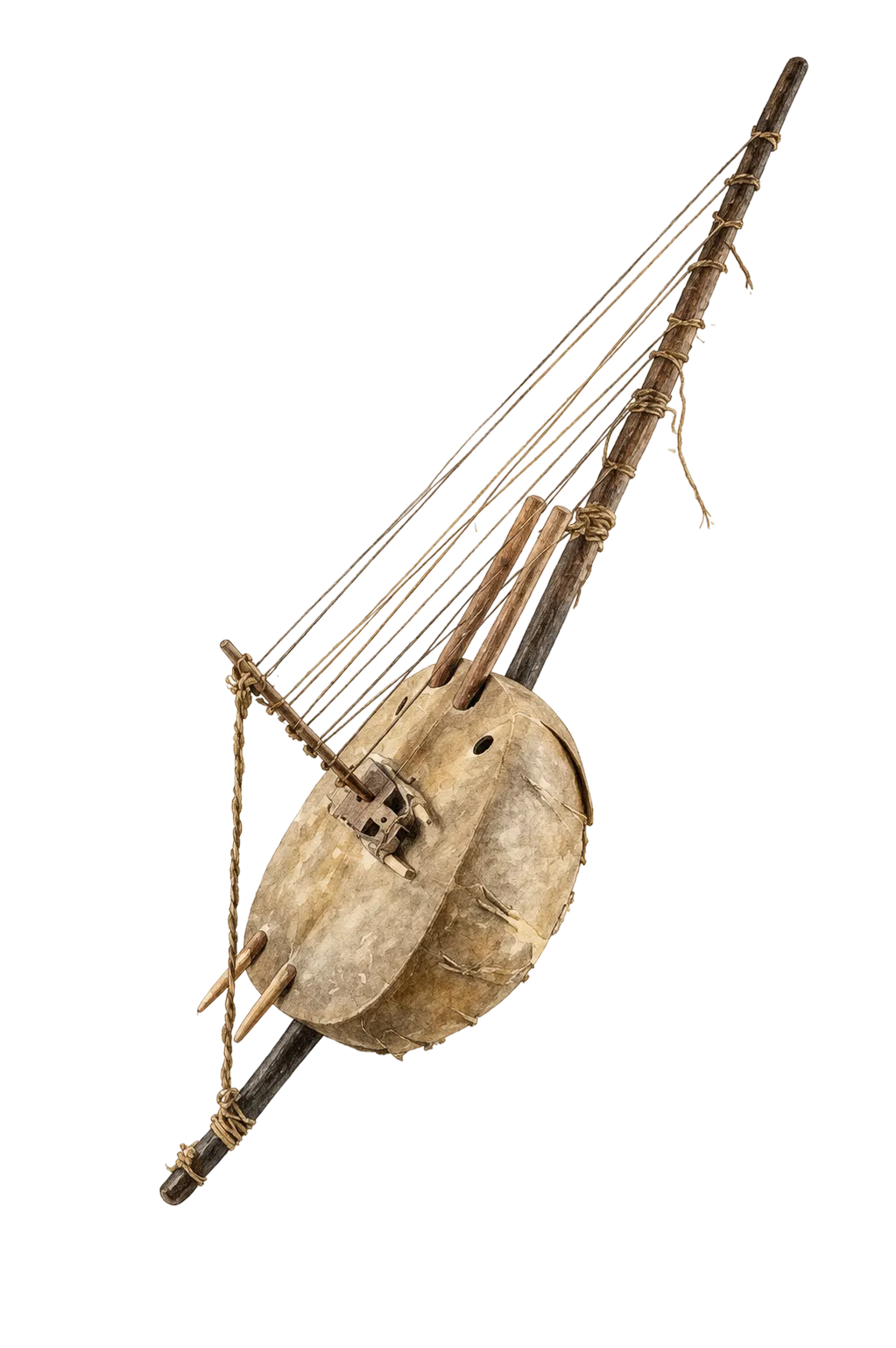 Harpe sacrée Ngombi posée sur un tissu de lin