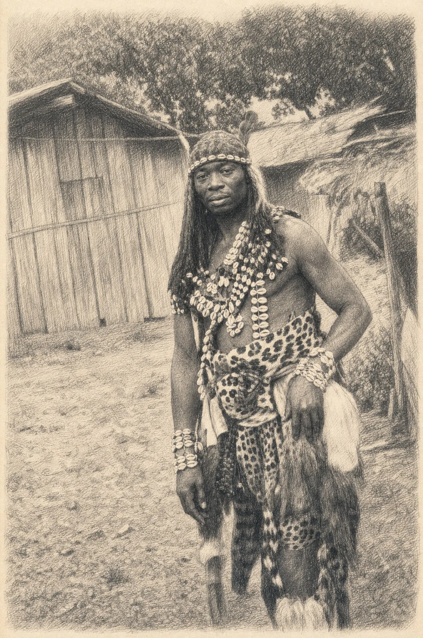 Pierre Mbadingua, dit Dibouba, debout devant les cases du village en tenue rituelle : bandeau de perles à plume rouge, colliers de cauris et pagne de peau de panthère
