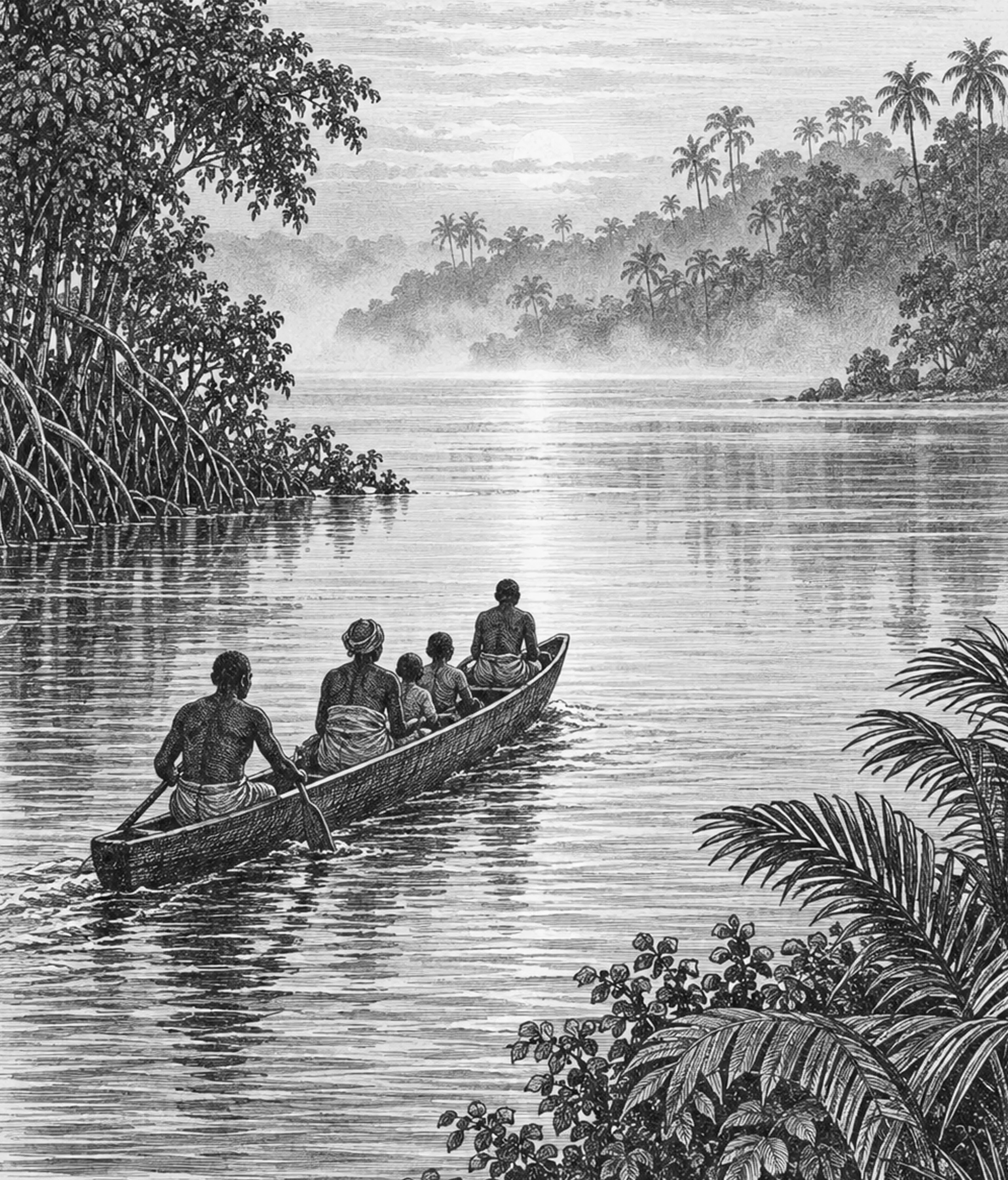 Gravure : une pirogue remonte le fleuve vers le soleil levant, entre mangroves et palmiers