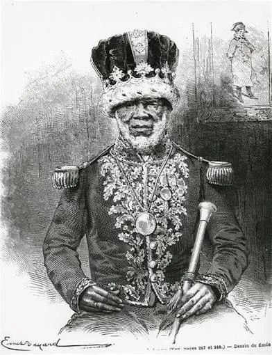 Gravure du roi Denis Rapontchombo en uniforme d'apparat, couronne sur la tête